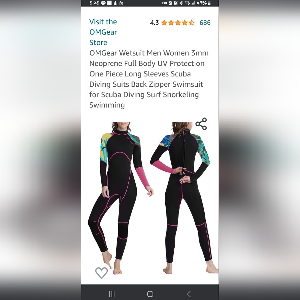 OMGear Wetsuit Men Women 3mmNeoprene Full Body UV ProtectionOne Piece Long Sle